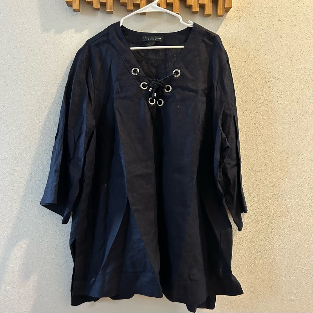 Grace Elements 100% linen navy tunic blouse 3X‎